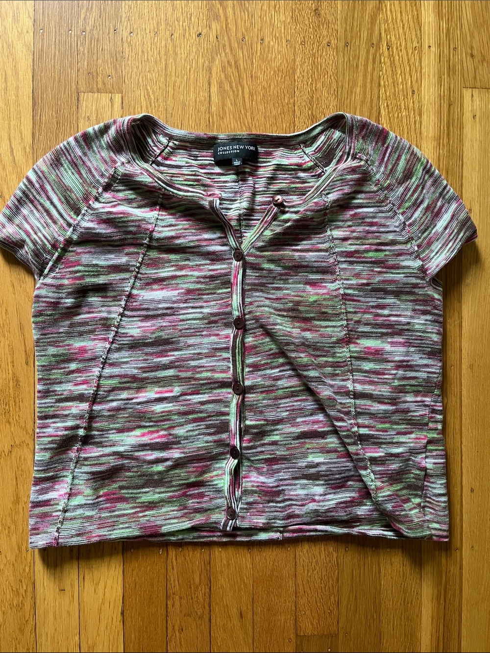 Jones New York Multicolor Space-Dye Short Sleeve Button Top - Pink & Green